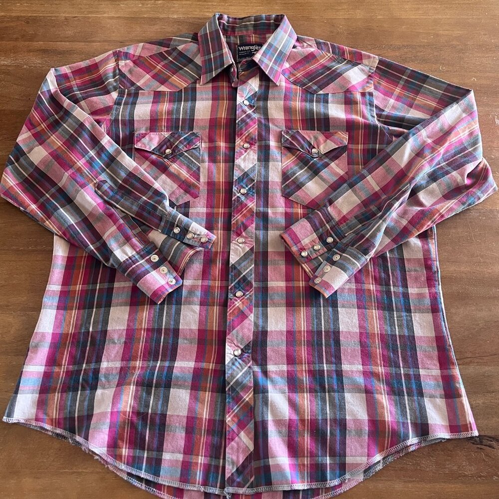 Vtg 90s WRANGLER Mens Pearl Snap L 17-34 Cowboy Cut X-Long Tails Single‎ Needle